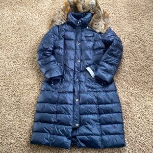 Full length coat with fur hood